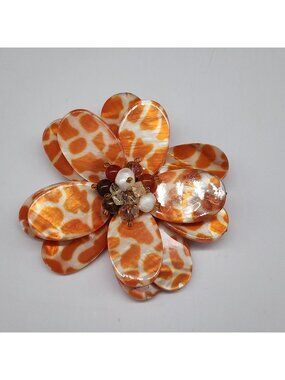 Flower Statement Brooch Glass Tigers Eye Pearl Beads Acrylic Pedals VTG 3"